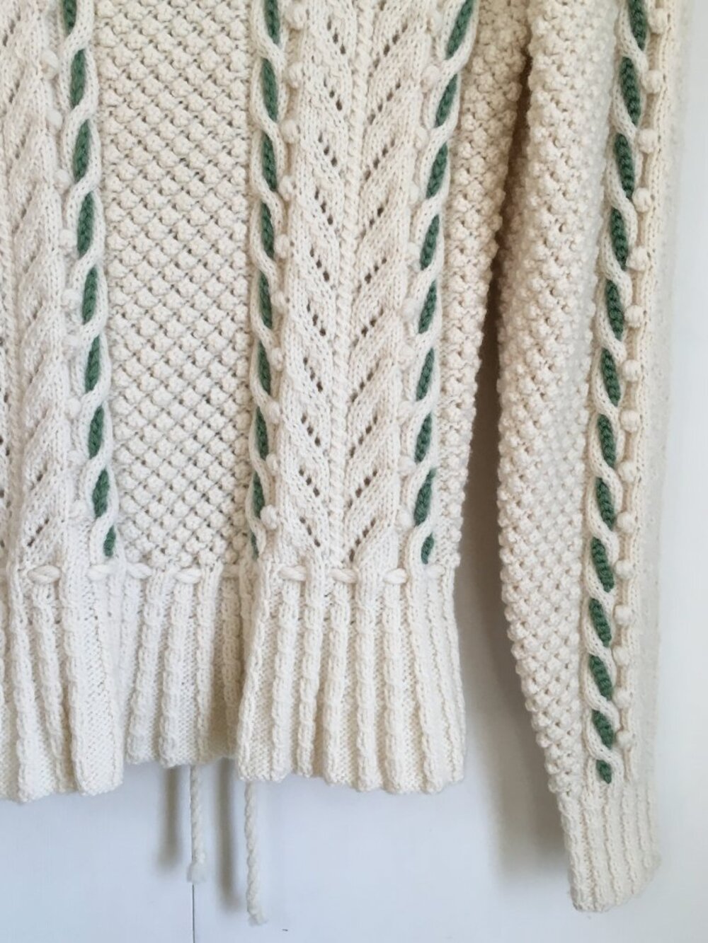 Vintage Hand-Knit Peplum Cardigan Sweater S Cream Sage Green Cable Whimsigoth - Picture 9 of 16